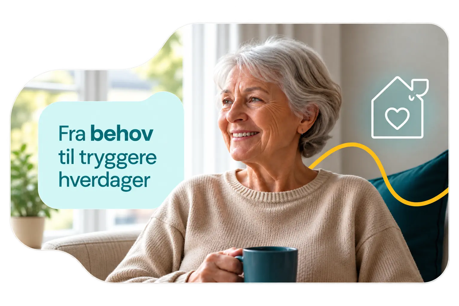 Eldre kvinne som nyter en trygg og rolig hverdag hjemme